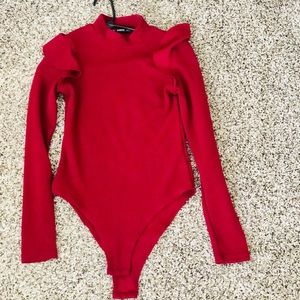 Beautiful red maroon body suit top with ruffle neck